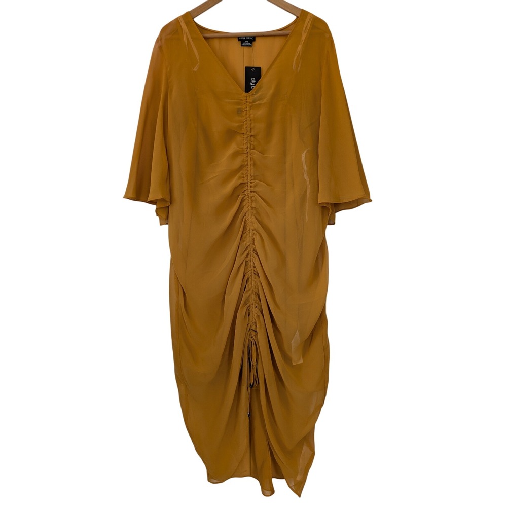 City Chic Mustard Ruched V-Neck Midi Dress